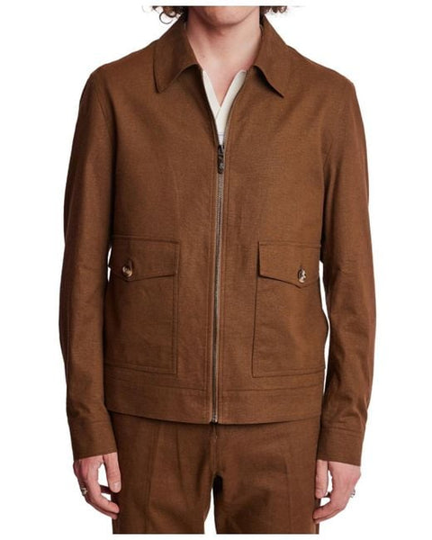 Brown jacket worn by a person on a white background