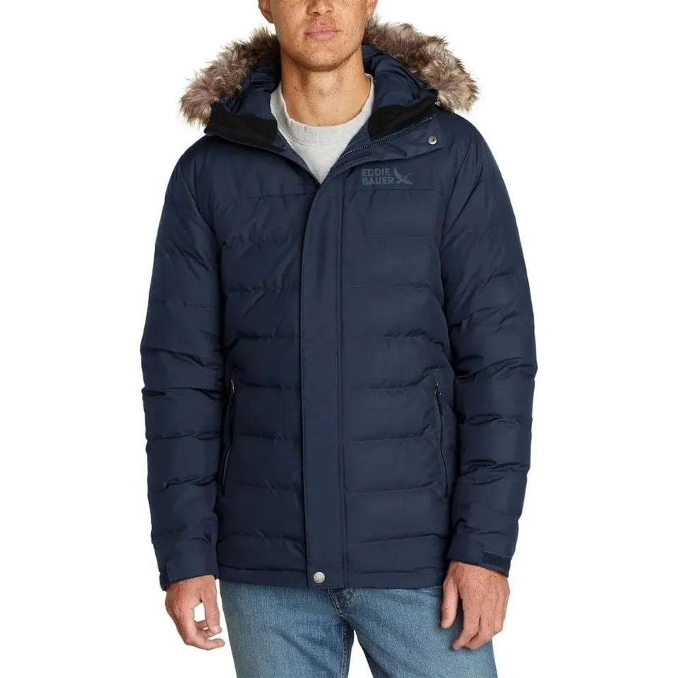 Eddie Bauer Men's Navy Faux-Fur Trimmed Hood Parka Hooded Jacket