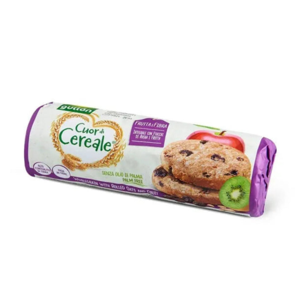 Packaging of Gullon Biscuit Fruit & Fibre displaying the product name and images of the biscuits with fruits on the front.