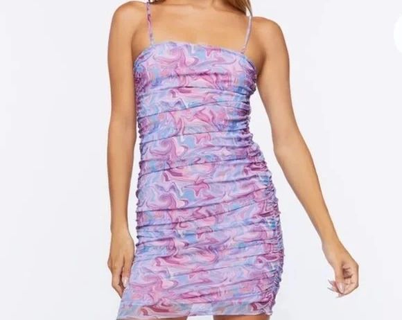 Forever 21 Women's Purple Spaghetti Strap Ruched Marble Dress | Forever 21 In Lebanon