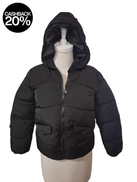 Black puffer jacket on a mannequin against a white background