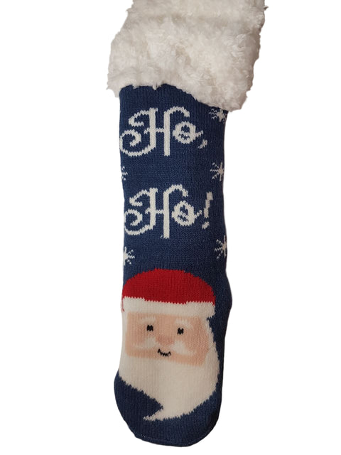 Christmas-themed sock with Santa face and 'Ho Ho!' text on a white surface