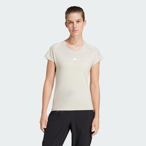 Adidas Women's Beige V Neck Short Sleeve Logo T-Shirt | Adidas In Lebanon