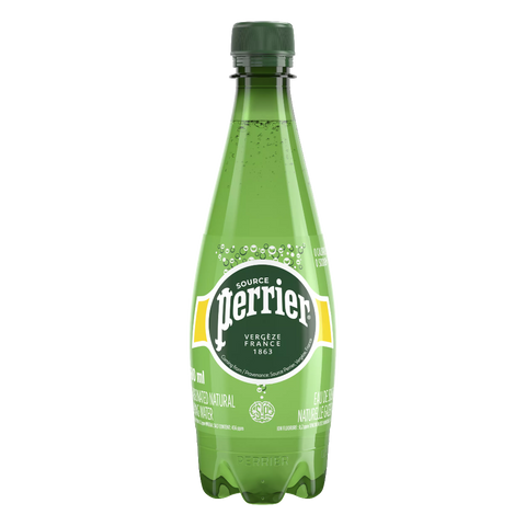 Green Perrier bottle on a white background