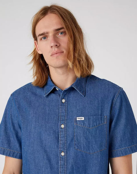 Wrangler Men's Dark Blue Dark Stone Short Sleeve Denim Shirt | Wrangler In Lebanon