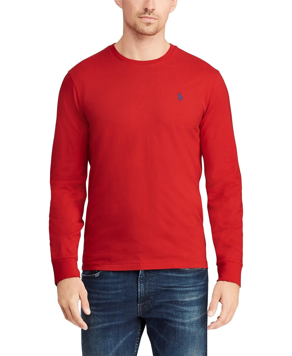 Man wearing a red long-sleeve shirt with a logo on a white background
