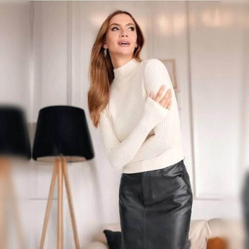 Sinsay Women's Cream Ribbed Mock Neck Blouse