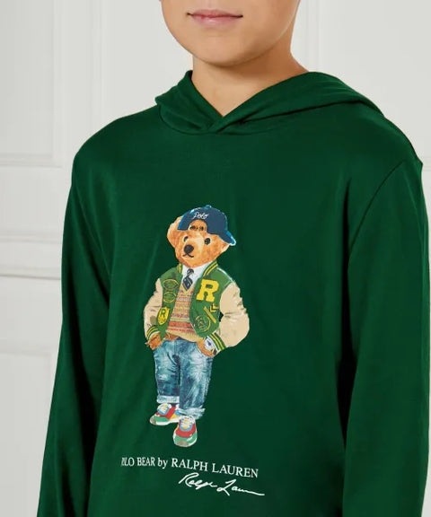 Polo Ralph Lauren Boy's Dark Green Polo Bear Long Sleeve Hooded Blouse |Polo Ralph Lauren In Lebanon