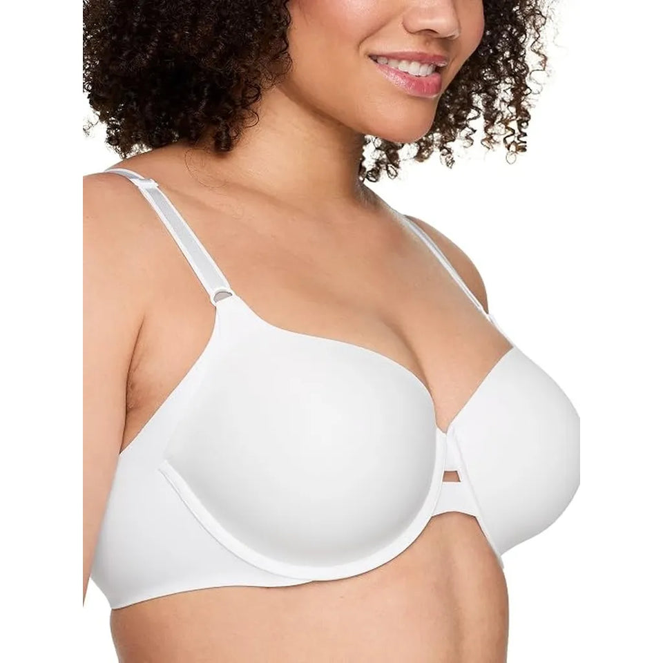 A close-up of a woman wearing a white seamless underwire bra, showing the front cups and thin adjustable straps against a plain white background.