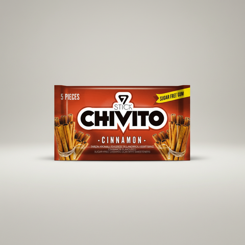 Pack of Chivito cinnamon sugar-free gum on a gray background