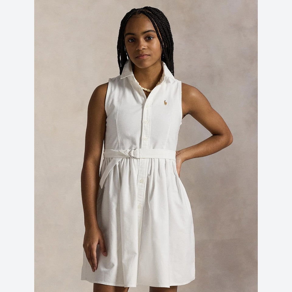 Ralph Lauren Girl's White Belted Cotton Oxford Shirt Dress