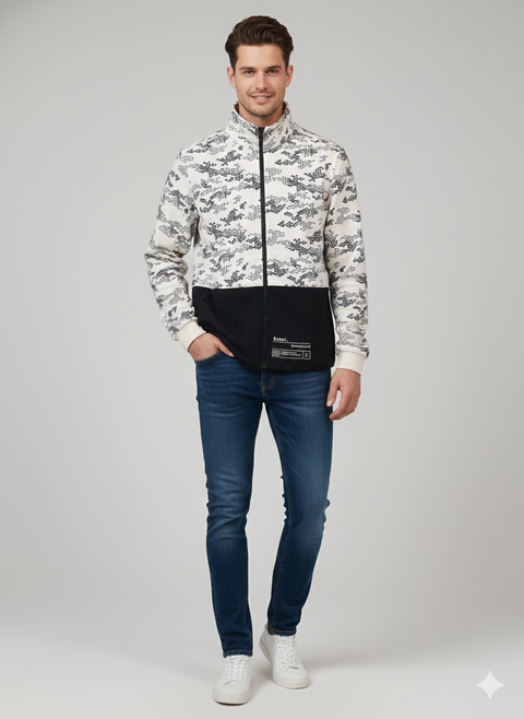 Redefined Rebel Men's Off White & Black Fleece Full-Zip High Collar Jacket | Redefined Rebel In Lebanon