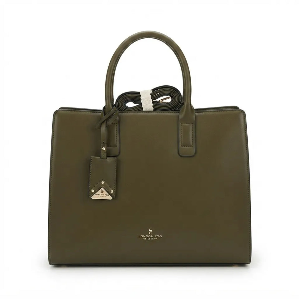 An olive green leather tote bag with dual top handles, a matching leather luggage tag, and a coiled black strap wrapped around the top. The bag features a small gold-tone metal logo plate on the front and a gold logo printed near the bottom center.