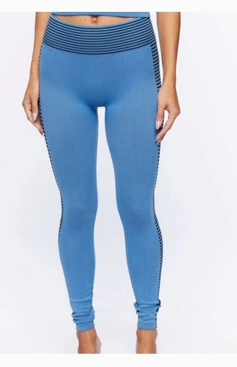 Forever 21 Women's Blue & Black Ribbed High Rise Legging | Forever 21 In Lebanon