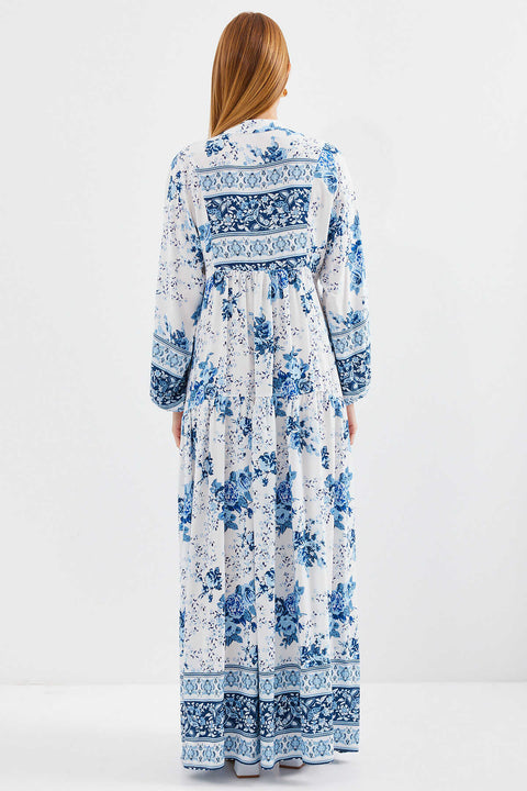 Big Dart Women's White & Blue Floral Long Sleeve Maxi Dress | Big Dart In Lebanon