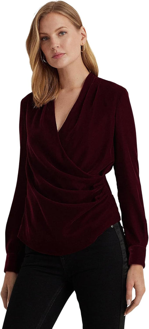 Lauren Ralph Lauren Women's Burgundy Velvet V Neck Long Sleeve Blouse | Lauren Ralph Lauren In Lebanon