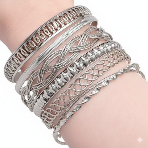Guess Women's Silver 7 Pcs Mixed Bangle Bracelets | Guess In Lebanon