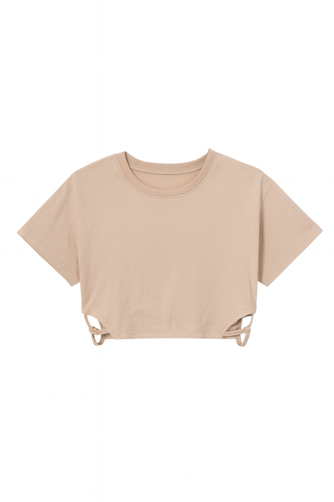 Forever 21 Women's Beige Short Sleeve Cut Out Crop Top | Forever 21 In Lebanon