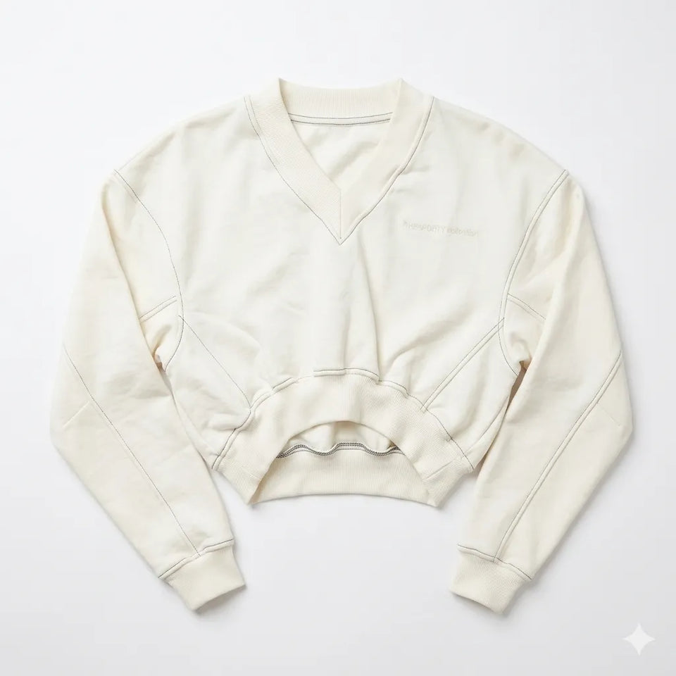 Pull & Bear Women's White Long Sleeve V-Neck Ribbed Details Cropped Sweatshirt|Pull & Bear in Lebanon