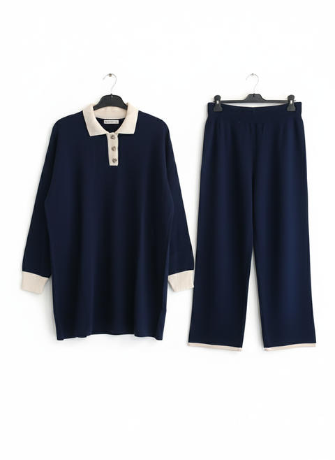 Big Dart Women's Navy With Cream Color Polo Neck Knitted Set | Big Dart In Lebanon