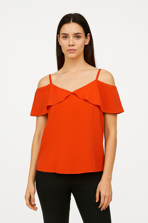 Mango Women's Orange Ruffle Cold Shoulder Sleeveless Blouse | Mango In Lebanon