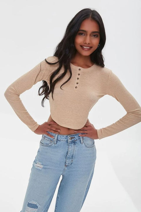 Forever 21 Women's Beige Long Sleeve Ribbed Top | Forever 21 In Lebanon