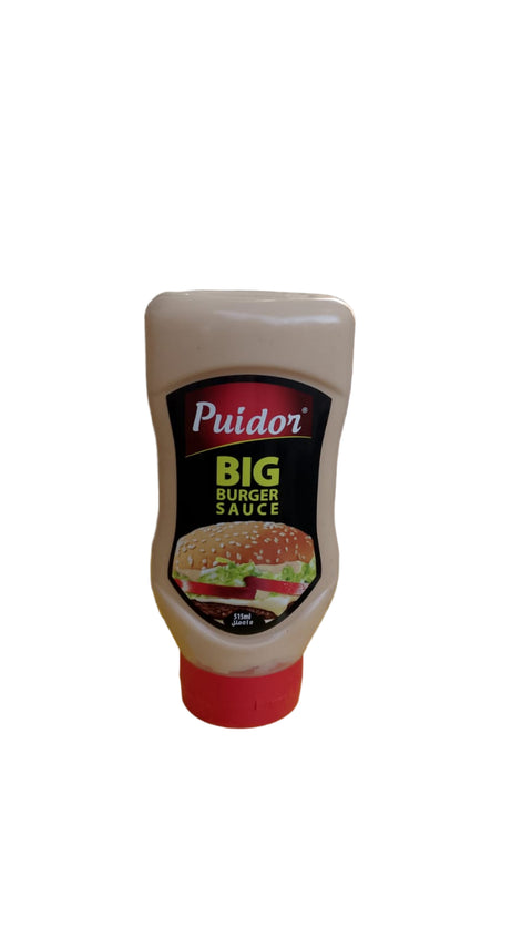 Puidor Big Burger Sauce bottle on a cardboard box with a blurred background