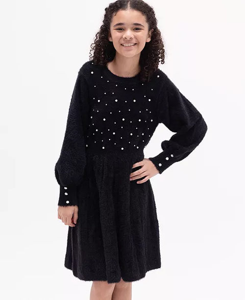 Rare Editions Girl's Black Imitation-Pearl Embellished Dress |Rare Editions In Lebanon