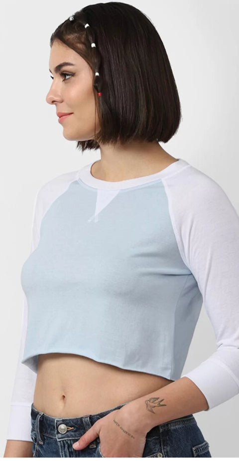 Forever 21 Women's White & Baby Blue Long Sleeve Crew Neck Blouse | Forever 21 In Lebanon