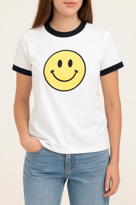 Forever 21 Women's Light Gray Smiley Graphic Grew Neck T-Shirt | Forever 21 In Lebanon