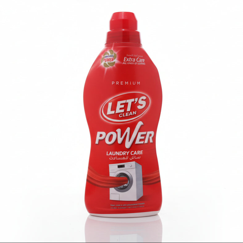 A red bottle of Let's Clean laundry care gel with a white label displaying product information.