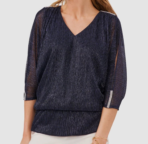 MSK Women's Navy Blue Shimmer Split-Sleeve Blouse | MSK In Lebanon