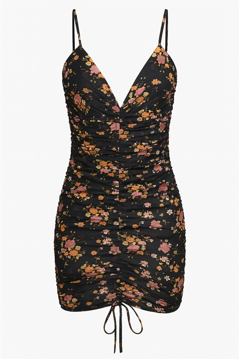 Forever 21 Women's Black Floral V-Neck Sleeveless Ruched Mini Dress | Forever 21 In Lebanon