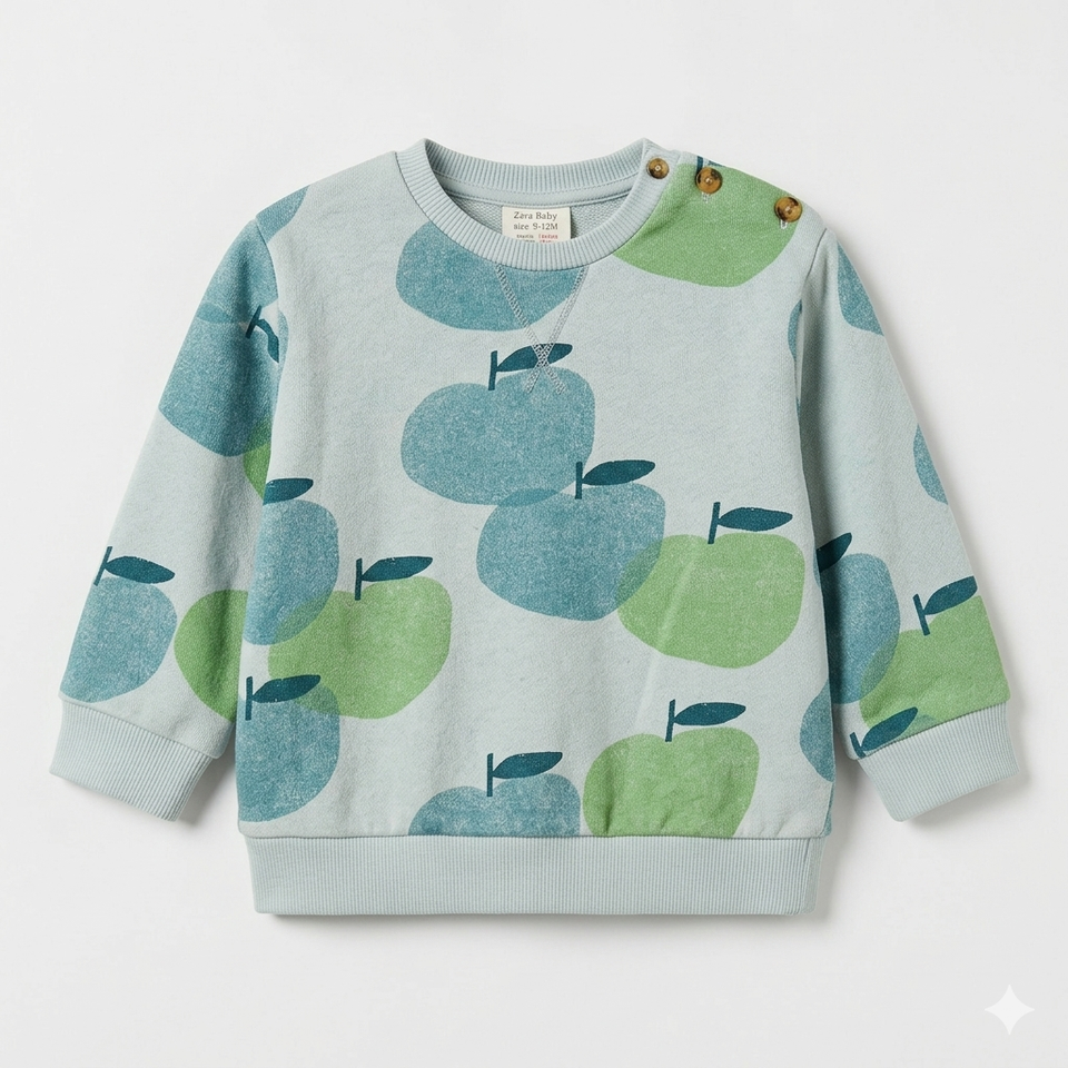 Zara Baby Boy's Light Blue Apple Printed Crew Neck Long Sleeve Sweatshirt|Zara in Lebanon
