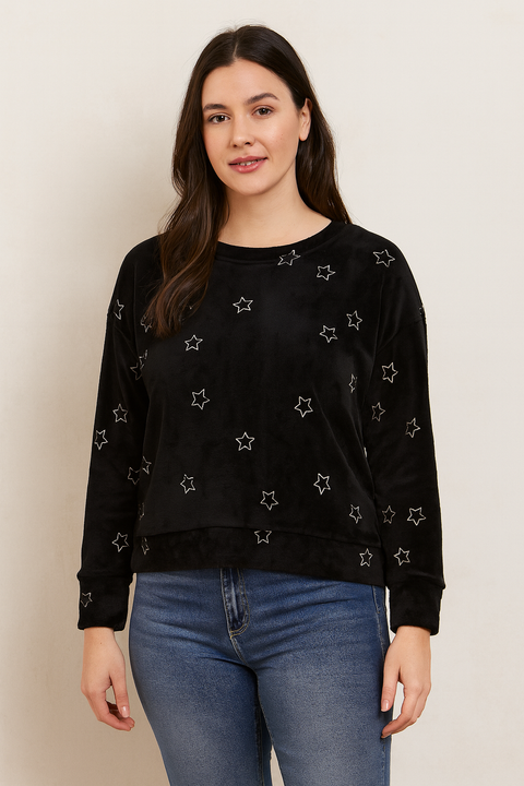 Hippie Rose Women's Black Crewneck Star-Printed Sweatshirt  |Hippie Rose in Lebanon