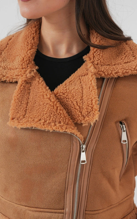 Big Dart Women's Camel Double Breasted Faux Fur Leather Coat | Big Dart In Lebanon