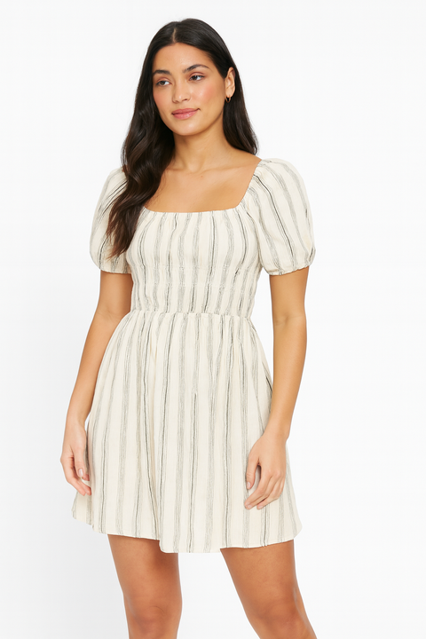 Forever 21 Women's White & Back Short Sleeve Striped Open Back Dress | Forever 21 In Lebanon