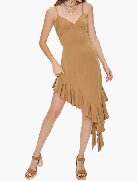 Forever 21 Women's Camel V-Neck Sleeveless Asymmetrical Dress | Forever 21 In Lebanon