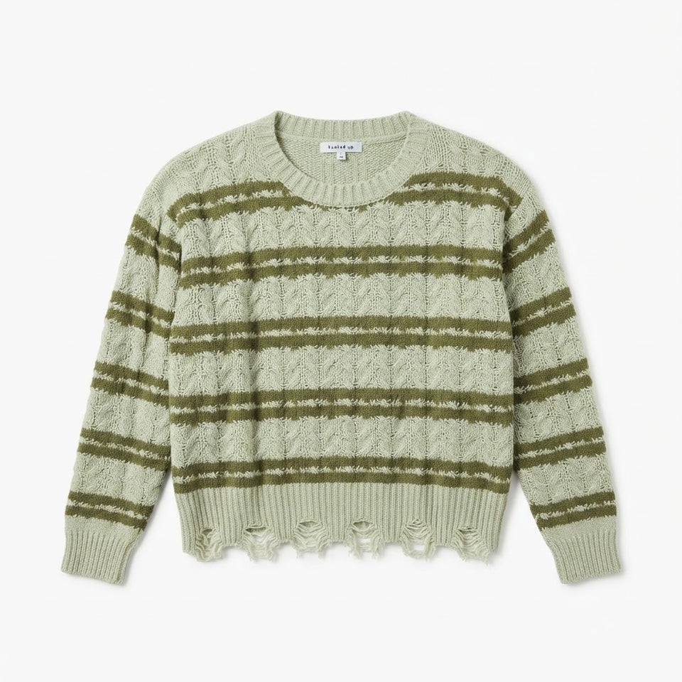 Hooked up Women's Green Stripe Knitted Long Sleeve Sweater