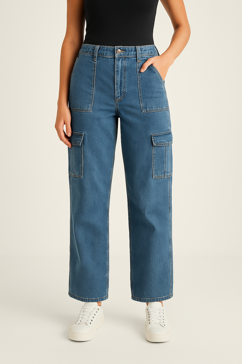 Forever 21 Women's Blue Cargo Relaxed Fit Straight Leg Jeans | Forever 21 In Lebanon