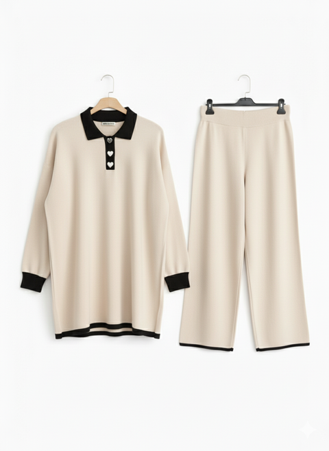 Big Dart Women's Cream With Black Polo Neck Knitted Set | Big Dart In Lebanon