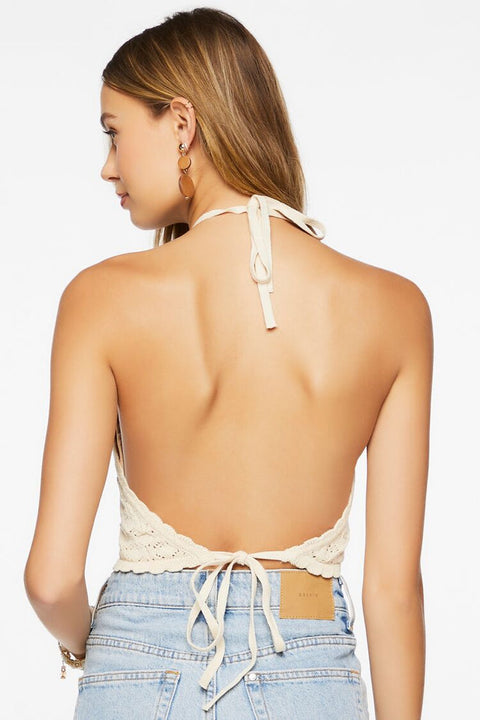 Forever 21 Women's Beige Knitted Halter Neck Open Back Crop Top | Forever 21 In Lebanon