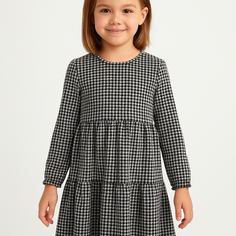 Rare Editions Girl's Black & White Checkered Long Sleeve Dress |Rare Editions In Lebanon