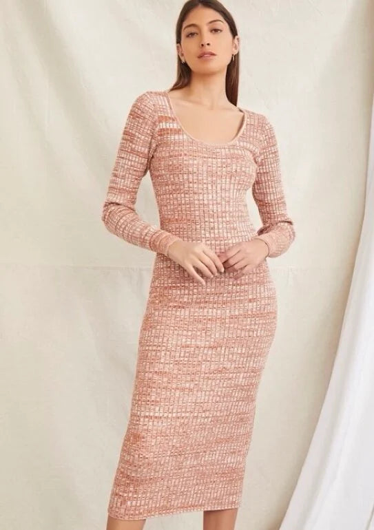 Forever 21 Women's Rose & White Ribbed Round Neck Long Sleeve Maxi Dress | Forever 21 In Lebanon