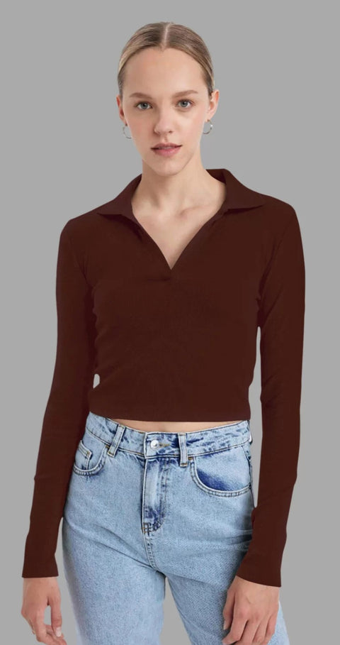 Forever 21 Women's Brown V Neck Long Sleeve Crop Top | Forever 21 In Lebanon