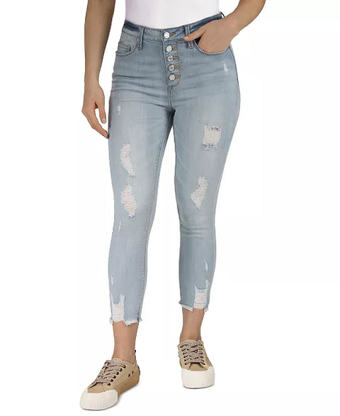 Indigo Rein Women's Light Blue Mid-Rise Button-Front Curvy Crop Jeans | Indigo Rein In Lebanon