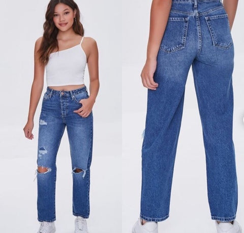 Forever 21 Women's Blue Mid Rise Relaxed Fit Slim Leg Boyfriend Jeans | Forever 21 In Lebanon