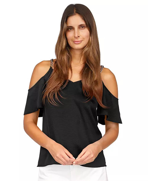 Michael Kors Women's Black Chain Straps Flutter Sleeve V Neck Blouse | Michael Kors In Lebanon