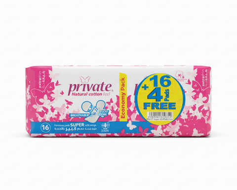 Private brand sanitary pads packaging with promotional offer on a pink background
