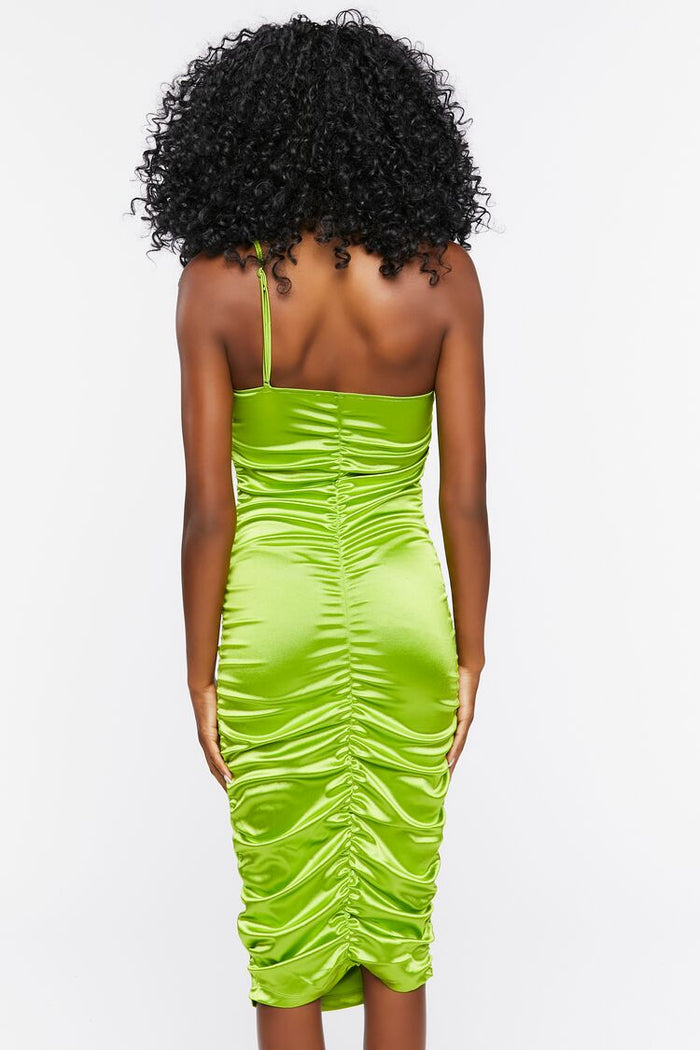Forever 21 Women's Green Satin Ruched 1 Way Strap Midi Dress | Forever 21 In Lebanon
